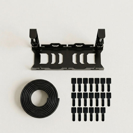 Kit Zéro Câble ORDYN : rack sous bureau en métal noir, gaine tressée et 20 attaches velcro